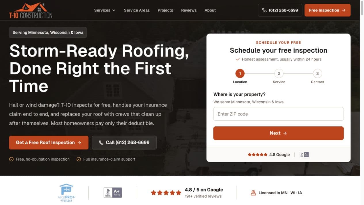 T-10 Construction website homepage built by Obieo