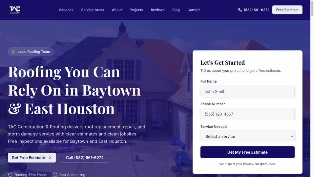 TAC Construction & Roofing website homepage built by Obieo
